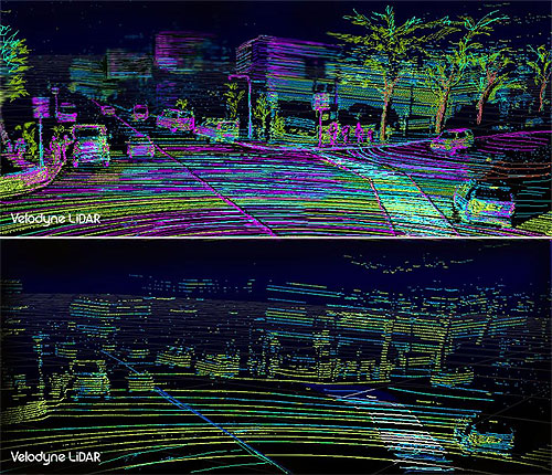Porównanie skanera VLS-128 (u góry) i starszego modelu Velodyne (u dołu)