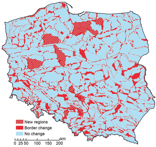 Zmiana granic regionów fizycznogeograficznych Polski