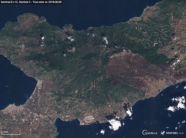 Pożar w Grecji okiem satelity Sentinel-2