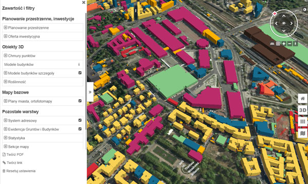 Model 3D zabudowy Poznania w szczegółowości LoD 1. Kolory modeli zróżnicowane wg funkcji budynku
