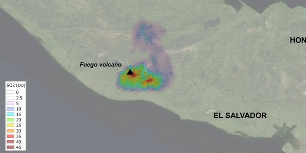 Mapa dwutlenku siarki pochodzących z wybuchu wulkanu bazująca na danych z satelity Sentinel-5P