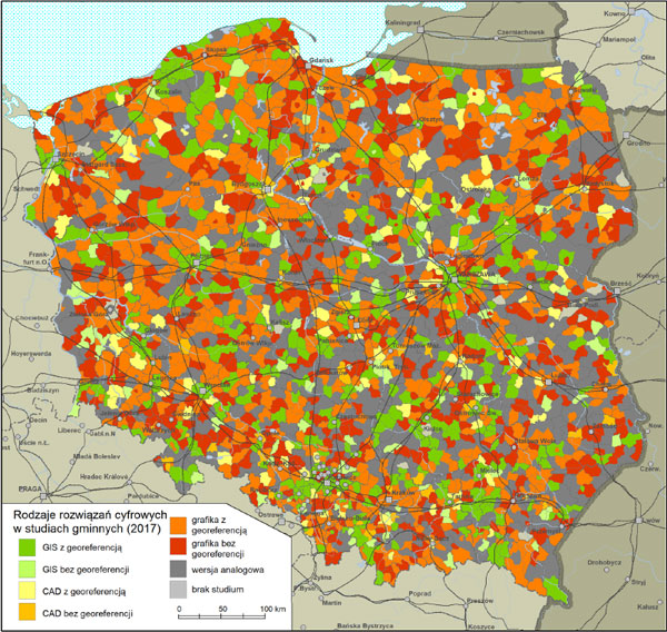 Charakterystyka studiów uwarunkowań i kierunków zagospodarowania przestrzennego pod względem sposobów cyfryzacji głównego rysunku studium w 2017 r.