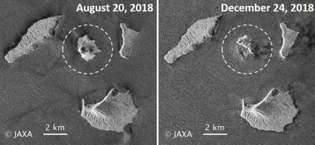 Krakatau przed i po wybuchu z 22 grudnia 2018 roku okiem satelity Alos-2 (fot. JAXA)