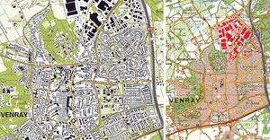 Z lewej przykładowa mapa z terenu Holandii opracowana w skali  1:10 000, z prawej mapa tego obszaru w skali 1:50 000 ? wynik automatycznej generalizacji [J. Stoter i inni, 2014]