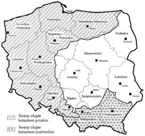 Zasięg katastru pruskiego i austriackiego w powojennych granicach Polski (źródło: Hycner R. "Podstawy katastru")