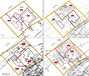 Cztery przykładowe projekty podziału z 11 przygotowanych przez bieg­łych i branych pod uwagę przez sąd [z artykułu Bogdana Grzechnika opublikowanego w GEODECIE 6/2018]