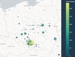 Zachorowania zaprezentowane przy użyciu kartodiagramu. Dzięki ?suwakowi czasu? możemy zawęzić zakres danych do dowolnego przedziału (w tym przypadku 10-17 maja)