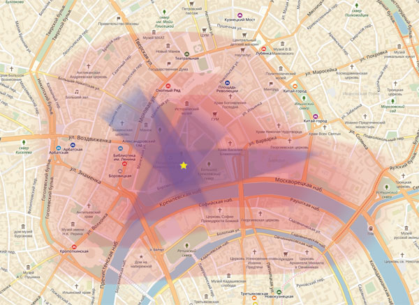 Mapa prezentująca zasięg spoofingu sygnałów GNSS w okolicy Kremla (Fot. Moscow Times)