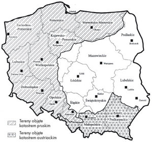 Nowa jakość katastru nieruchomości <br />
Zasięg katastru pruskiego i austriackiego w powojennych granicach Polski (źródło: Hycner R. "Podstawy katastru")