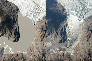 Bezpłatny dostęp do zobrazowań Planet w ramach programu GeoSTART <br />
Lodowiec w Patagonii na zobrazowaniach Planet z 30 grudnia 2016 r. (z lewej) i 4 stycznia 2017 r. (z prawej)