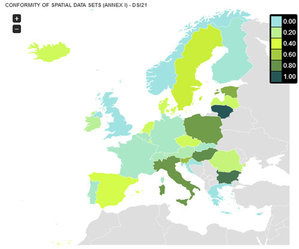 INSPIRE: dane dla załącznika I powinny być już gotowe <br />
Wskaźnik zgodności danych z zał. I za rok 2016 (fot. EEA)