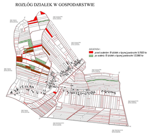 Najlepsze projekty i założenia do projektów scaleń nagrodzone <br />
I miejsce wśród projektów scaleń. Obiekt Kisielów. Rozłóg działek w gospodarstwie na przykładzie wybranych gospodarstw (źródło: Podkarpackie Biuro Geodezji i Terenów Rolnych w Rzeszowie)