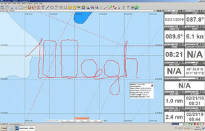 Napis "100 AGH" na śladzie GPS <br />
Ekran z komputera nawigacyjnego żaglowca STS Pogoria