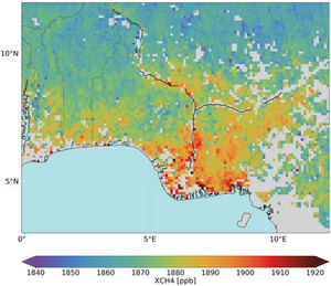 Sentinel dostarcza dane o metanie i ozonie <br />
Stężenie metanu w delcie Nigru [contains modified Copernicus data (2018?19), processed by SRON]