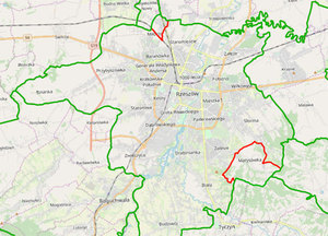 Część noworocznych zmian na mapie uwzględniona w PRG <br />
Stara (kolor czerwony) i nowa (zielony) granica Rzeszowa