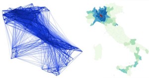 Facebook i Google publikują dane o mobilności swoich użytkowników <br />
Co-location maps (po lewej) i wizualizacja Social connectedness index dla regionu Lodi
