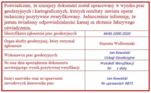 ePODGiK pozwala sprawdzić wynik weryfikacji pracy geodezyjnej <br />
Przykładowy wzór oświadczenia zaproponowany przez OZZG