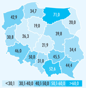 Bezrobocie geodetów i kartografów 2019 <br />
Udział wśród bezrobotnych geodetów i kartografów osób z wyższym wykształceniem w województwach [%], oprac. własne