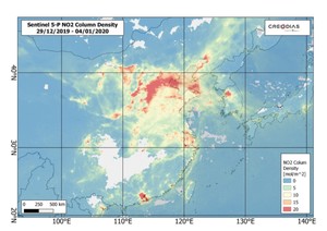 Sentinel-5P: Czystsze powietrze nad Europą i Chinami podczas epidemii <br />
Chiny na przełomie grudnia 2019 r. i stycznia 2020 r.