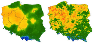Minister rolnictwa o satelitarnym monitorowaniu suszy <br />
Porównanie mapy opadu interpolowanej (metoda stosowana w SMSR do 2019 r.) z mapą radarową