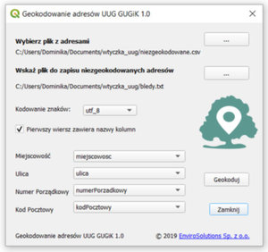 Geokodowanie GUGiK w QGIS <br />
Okno dialogowe wtyczki