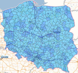 Lepszy ogląd na uzbrojenie terenu w Geoportalu i KIUT <br />
Powiaty (ciemnoniebieskie), dla których uzbrojenie terenu można przeglądać w mniejszych skalach