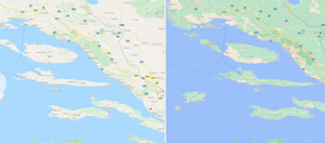 Więcej kolorów i szczegółów na Mapach Google <br />
Pokrycie terenu Chorwacji przed i po zmianach