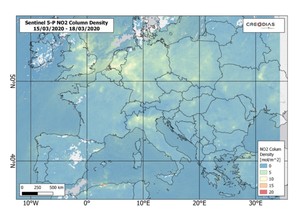 Sentinel-5P: Czystsze powietrze nad Europą i Chinami podczas epidemii <br />
Europa w dniach 15-18 marca 2020 r.