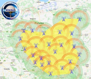 Nowe stacje w sieci RtkNet <br />
Zasięg korekt RTK w sieci RtkNet