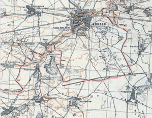 Zawiły odcinek granicy w pobliżu miasta Korzec (obecnie Ukraina) na mapie WIG w skali 1:100 000, wydanie 1922 r.