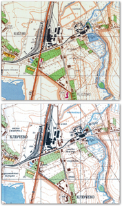 Porównanie fragmentów map w skali 1:10 000 w formie planu miasta ? polskiej (ark. N-33-103-A-a-1 Stargard Szczeciński, wyd. drugie PRL 1976-1977) i sowieckiej (wyd. 1986 r.)