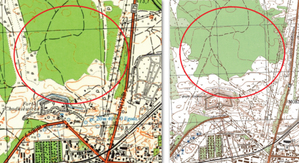 Porównanie maskowania tego samego obiektu na mapach w różnych skalach. Z lewej fragment mapy polskiej w skali 1:25 000, arkusz N-33-98-C-c (Toruń), wyd. 1988. Z prawej ten sam teren na mapie sowieckiej w skali 1:10 000, wersja planu miasta z 1986 r.