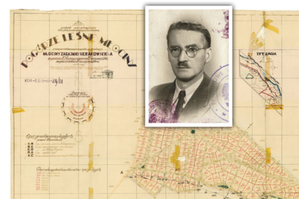 Fragment mapy podziału parcelacyjnego sporządzona w 1931 r. przez mierniczego przysięgłego Stefana Hausbrandta i zdjęcie z lat 30.
