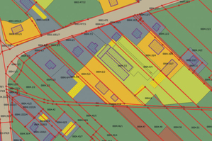 Selekcja budynków spełniających założone kryteria (wybrane budynki podświetlone są na żółto)