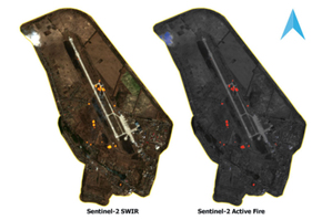 Zobrazowania Sentinel-2 z 26 lutego pokazujące lotnisko w Hostomelu w kompozycji SWIR i wizualizacji Active Fire (źródło: opracowanie własne autora)