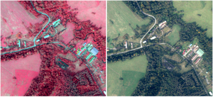 Nowe zdjęcia lotnicze dla granicy polsko-ukraińskiej w zasobie <br />
Zdjęcie tego samego obszaru, z lewej kompozycja CIR, z prawej RGB