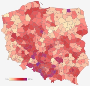 Rząd zapowiada publikowanie lepszych danych o koronawirusie <br />
Mapa Piotra Tarnowskiego opracowana na podstawie bazy Michała Rogalskiego (liczba zakażonych/100 tys. mieszk.)