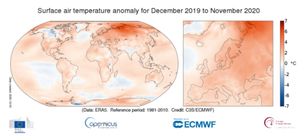 Ocieplenie klimatu a obserwacje satelitarne <br />
Anomalie temperatury powietrza w okresie grudzień 2019 - listopad 2020 w stosunku do średniej z lat 1981-2010 (Źródło danych: ERA5. Źródło: Copernicus Climate Change Service/ECMWF)