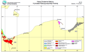 Mapa zlodzenia Bałtyku i zatory lodowe na polskich rzekach na zdjęciach satelitarnych <br />
Mapa zlodzenia polskiej strefy przybrzeżnej 17.02.2021 r.