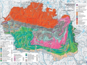 Śnieżka i towarzysze na mapach, czyli o Atlasie Karkonoszy <br />
Przykład layoutu (makiety) mapy tematycznej ? "Geologia Karkonoszy" ? w skali 1:100 000 z rozbudowaną legendą