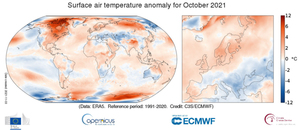 Copernicus: październik 2021 r. trzecim najcieplejszym październikiem na świecie w historii pomiarów <br />
Anomalia temperatury powietrza na powierzchni w październiku 2021 r. w stosunku do średniej październikowej z okresu 1991?2020. Źródło: ECMWF