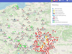 Pomoc dla Ukraińców na interaktywnej mapie <br />
Zrzut ekranu z serwisu Dopomoha z dostępnymi warstwami