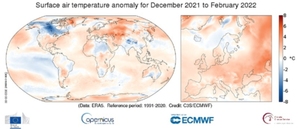 Teledetekcja odnotowuje kolejne rekordy klimatyczne <br />
Anomalia temperatury powierzchniowej powietrza w stosunku do średniej zimowej z lat 1991-2020