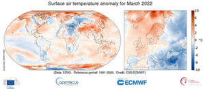 Copernicus: zasięg lodu morskiego na Antarktydzie i temperatura na świecie w marcu br. <br />
Odchylenia temperatury powietrza od normy na powierzchni ziemi w marcu 2022 r. w stosunku do średniej z marca w latach 1991-2020 (źródło danych: ERA5; za: Copernicus Climate Change Service/ECMWF)