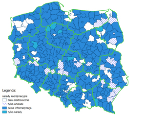 Blisko 90% powiatów prowadzi elektroniczne narady koordynacyjne <br />
Stan wdrożeń elektronicznych narad koordynacyjnych, lipiec 2022 r.