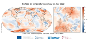 Miniony miesiąc jednym z najcieplejszych lipców w historii <br />
Anomalie temperatury powietrza na powierzchni ziemi dla lipca 2022 roku w stosunku do średniej lipca z okresu 1991-2020