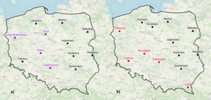 IMGW modernizuje system detekcji i lokalizacji wyładowań atmosferycznych <br />
Rozmieszczenie stacji pomiarowych: a) stan obecny, b) stan po modernizacji. Fioletowym kolorem oznaczono stacje detekcji typu SAFIR 3000, czarnym typu TLS200, a czerwonym typu LS 7002.