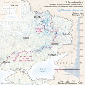 Satelity oceniły wpływ rosyjskiej inwazji na ukraińskie rolnictwo <br />
1. Wpływ bliskości linii frontu na ilość niezebranych plonów