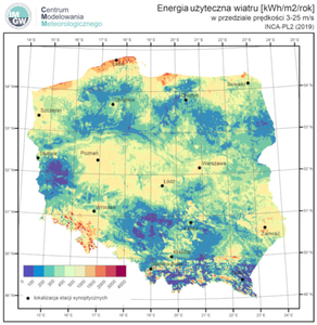 Powstał atlas małej energetyki wiatrowej <br />
Średnia roczna suma energii wiatrowej na poziomie 10 m n.p.g. w terenie otwartym na obszarze Polski [kWh/m2/rok]