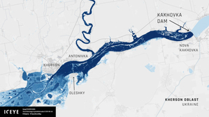 Gigantyczna powódź na Ukrainie widoczna na zobrazowaniach ICEYE <br />
Obwód chersoński podczas powodzi, na podstawie analizy przeprowadzonej przez ICEYE